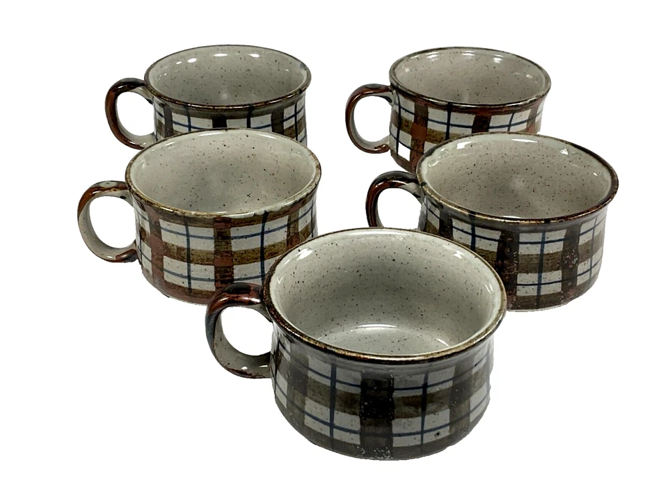 Набор из 5 керамических изделий в коричневую и синюю полоску без указания бренда 12 унций Кофейные кружки - Изображение 1 из 4