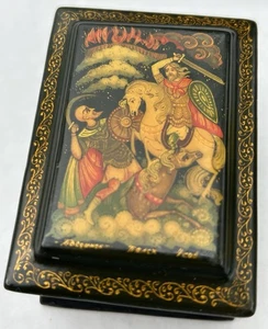 Vintage russische Palekh Lackdose handbemalt Kampfszene signiert Volkskunst - Bild 1 von 13