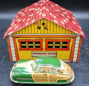 1950er Vintage Marx USA Blech Litho Automatik Tür Garage & 2-Türer Woody LM52 Limousine Ex - Bild 1 von 15