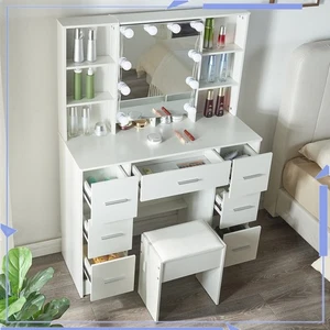 Modern Vanity Makeup Desk with 10 LED Lighted Mirror & 7 Drawers 3 Light Colors - Picture 1 of 9
