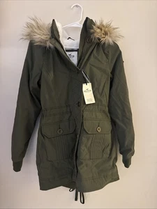 Hollister Heritage Collection Faux Fur Olive Hooded Jacket Womens XS Parka - Picture 1 of 9