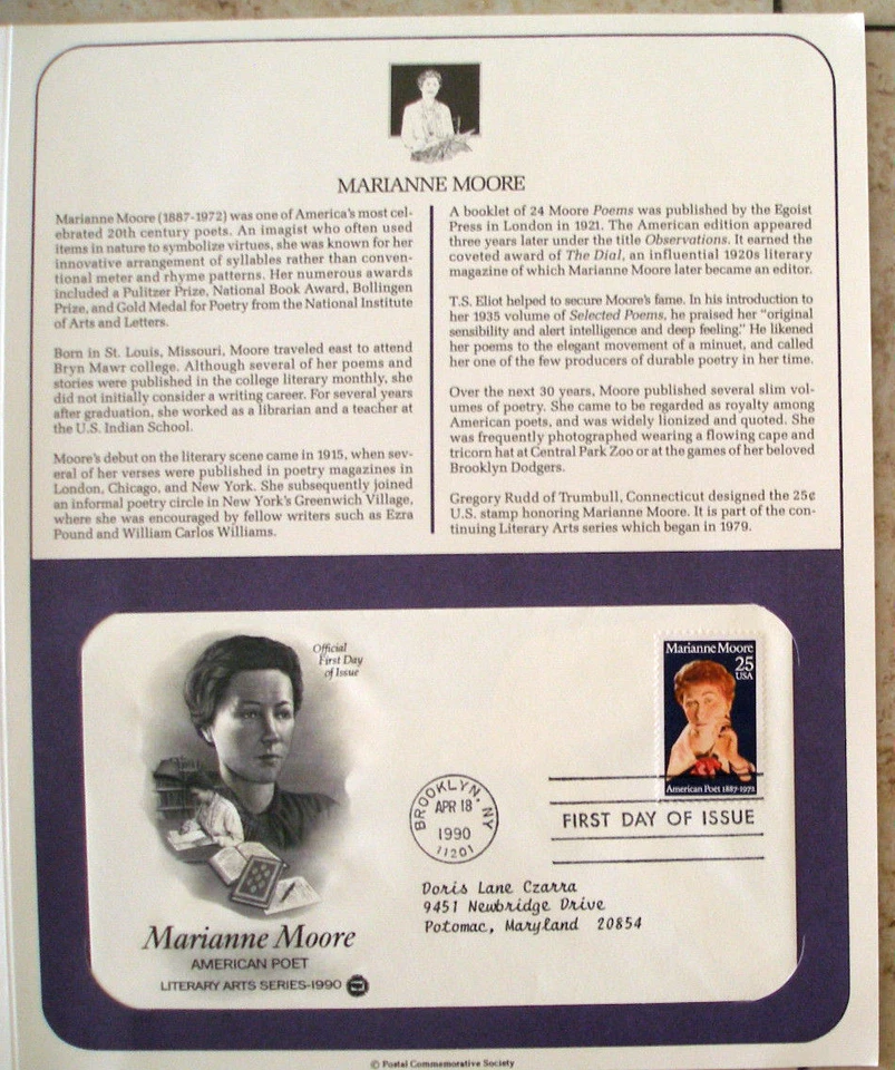 Postal Society First Day Cover FDC  # 2449 25 cent Marianne Moore 1990 - Image 1 of 1