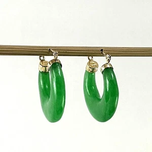 14K Yellow Gold Moon Shape Green Jade Hoop Earrings - Picture 1 of 3