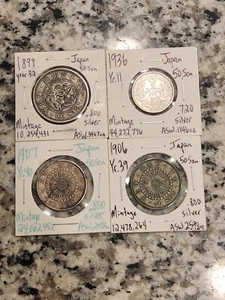 LOT OF 4 JAPAN 50 SEN WORLD SILVER COINS 1899-1936 NICE GRADES!!! - Picture 1 of 2