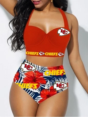 Kansas City Chiefs 2PCS High Waist Bikini Set Womens Halter Low Cut Swimsuit Cover
