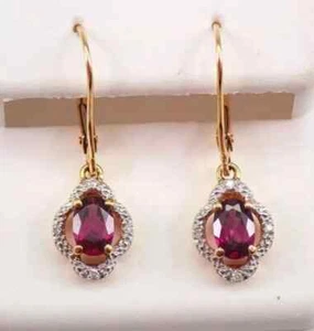 Lab Created Red Ruby 3Ct Oval Cut Drop/Dangle Earrings 14K Yellow Gold Plated - Picture 1 of 7