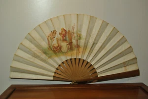 Large Fan Antique Decor Painted On Fabrics On Silk Character Scene Amatory - Picture 1 of 23