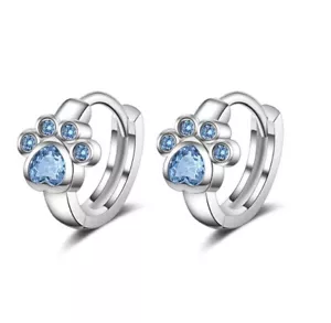 925 Sterling Silver Girl's Kid's Paw-Print Blue Gemstone Huggie Hoop Earrings - Picture 1 of 3