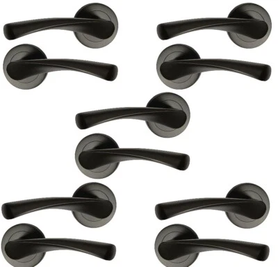 Matt black door handle pack of 5 (pairs) Twirl Lever on Rose 50mm Rose - Image 1 of 2