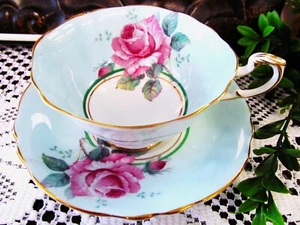 PARAGON tea cup & saucer PINK cabbage rose baby blue teacup England 1950s set - Picture 1 of 12