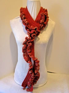 Crochet Skinny Wavy Scarf-Rust Color with Gold Trim - Picture 1 of 3