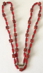 Vintage TSCHECHISCHE 40" lange MILLEFIORI KUNST GLAS QUADRATISCHE PERLE orange HALSKETTE Fassverschluss - Bild 1 von 5