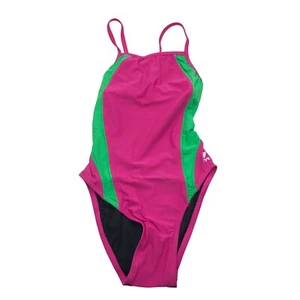 TYR Womens Diamondfit One Piece Swimsuit Keyhole Back Colorblock Pink Green 32/M - Picture 1 of 4