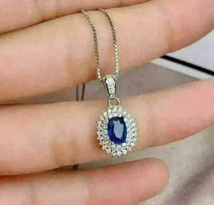 2Ct Oval Cut Blue Sapphire Women's Pendant Lab-Created 14K White Gold Plated - Picture 1 of 5