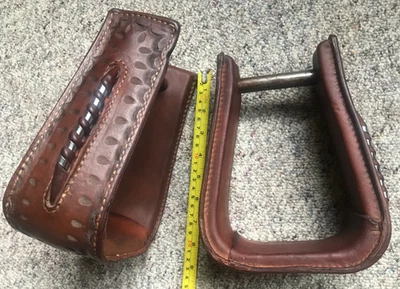 Pair Large Brown Leather Wrapped Stirrups for Western Saddle Metal Laced Decor - Image 1 of 4