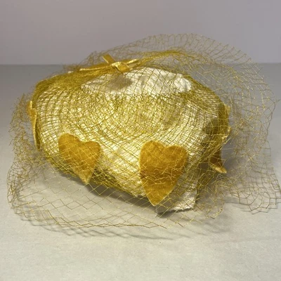 VINTAGE Velvet Hearts Hat Fascinator Pillbox Fitted Gold Veil Net Bow Womens 50s - Image 1 of 4