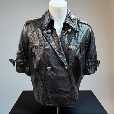 INC International Concepts Crinkled Black Leather Cropped Trench Jacket Small - Image 1 of 4