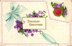 Postal de felicitación de cumpleaños vintage en relieve con violetas púrpuras 1911 Labelle MO - Imagen 1 de 2