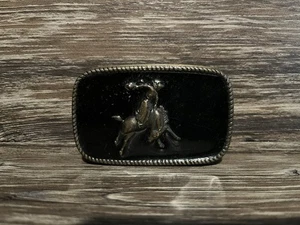 Vintage Western Belt Buckle Silver Tone Enameled Black Cowboy Rodeo Vintage - Picture 1 of 3