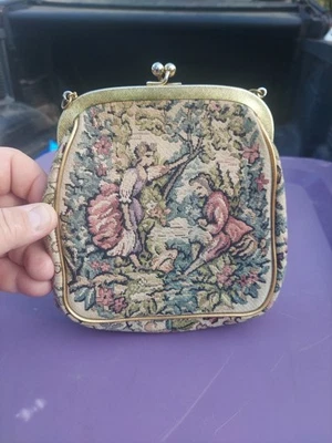 Bolso sin asas antiguo Petit Point tejido doble cara escenas de gentry tapiz trabajo Foto 1 de 4