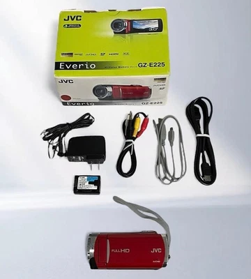 JVC Everio GZ-E225 Red HD Video Camera with Battery AC Adapter HDMI Cable - Image 1 of 4