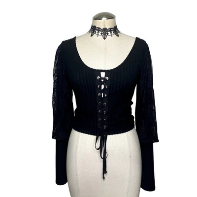 Trading Co. Cropped Soft Lace Whimsigoth Lace Up Puff Sleeves Gothic Top - Image 1 of 4