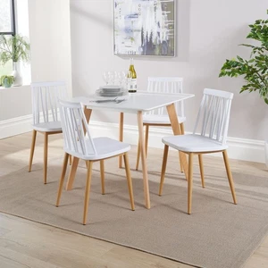 Dining Table Set 80cm White Top Wooden Legs 4 Geometric White Kitchen Chairs - Picture 1 of 12