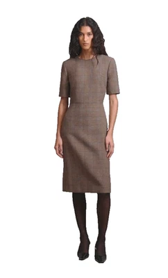 Aritzia Babaton Keeper Dress Crewneck Midi Dress Brown Taupe Plaid 6 $178 NWT - Image 1 of 4