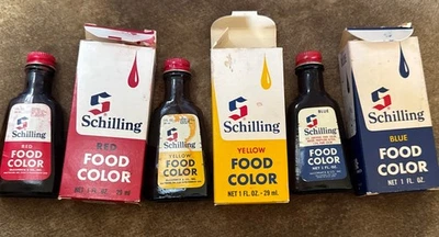 Vintage Food Colors Schilling Four Colors Bottles Red Blue Yellow Green - Image 1 of 4
