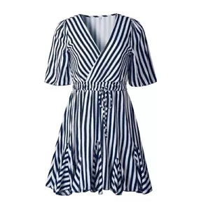 Women's Casual Summer Striped Dress Short Sleeve Wrap V Neck Ruffle Line Belted - Picture 1 of 3