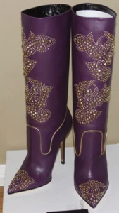 VERSACE WESTERN STYLE GOLD STUDDED STILETTO HEEL PURPLE BOOTS 37.5 - Picture 1 of 7