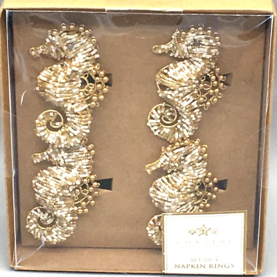 x4 Coastal Collection Beaded Seahorse Napkin Ring Set Beach Ocean Gold White NEW