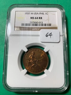 US PHILIPPINES ONE CENTAVO 1937-M NGC MS 64 RB - Image 1 of 4