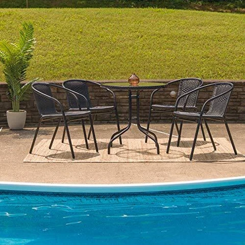 28'' Round Glass Metal Table with Black Rattan Edging and 4 Black Rattan Stac Cover