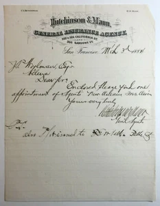Antique Letterhead Hutchinson And Mann General Insurance San Francisco CA 1884 - Picture 1 of 5