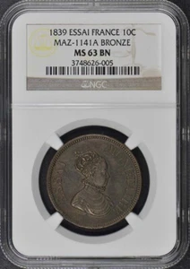 1839 France Essai 10C Maz-1141A NGC MS63 BN Bronze - Picture 1 of 4