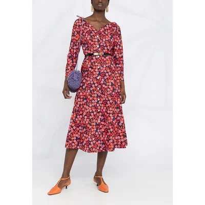 MARNI Floral Print Midi Shirt Dress Orange & Blue 3/4 Sleeves V-Neck Italy 44 M - Image 1 of 4