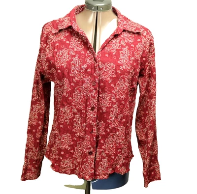 Camisa St. John's Bay floral paisley algodão elástico botão enrugado vermelha GG - Imagem 1 de 4