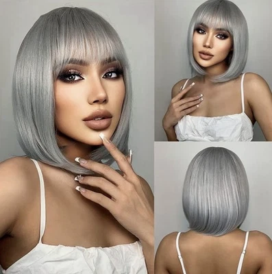 "Peluca Bob Bangs recta corta-mediana 14"" resistente al calor sintética gris plata" Foto 1 de 4