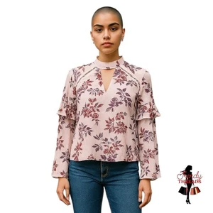 Express NEW XXS Sheer Floral Blouse Ruffled Chiffon Corpcore Keyhole NWT Pink - Picture 1 of 8
