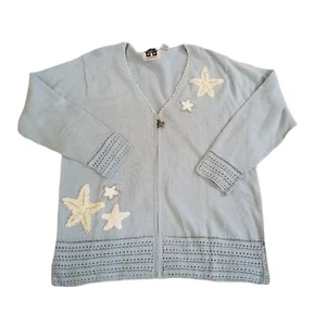 Light Blue Large Cardigan Thin Full Zip Embellished Stars Nautical VTG 90s - Picture 1 of 10