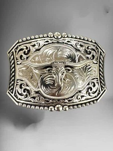 Long Horn Bull Western Cowboy Belt Buckle Hebilla Vaquera Rodeo Con Toro - Picture 1 of 2