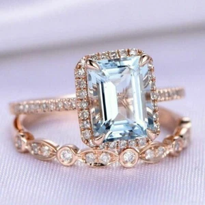 Vintage Emerald Cut Natural Aquamarine Rose Gold Plated Silver Wedding Ring Set - Picture 1 of 5