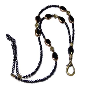 Beaded Necklace Lanyard security id badge keys holder Black pearl - Picture 1 of 4