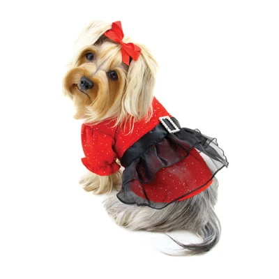 Klippo Pet Sparkling Red Dress with Puffy Sleeves - Image 1 of 4