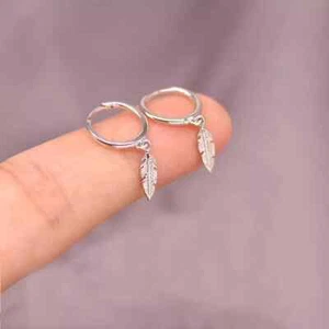 Dainty Feather Earrings 925 Sterling Silver Women Small Hoop Minimalist Earrings - Picture 1 of 8
