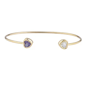 14Kt Gold Genuine Aquamarine & Amethyst Heart Bezel Bangle Bracelet - Picture 1 of 12