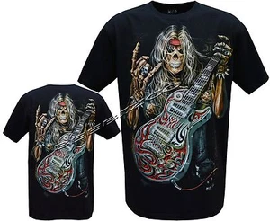 New Mens Guitar Rocker Grim Reaper Glow In Dark Skull T-Shirt,Front & Back Print - Picture 1 of 3