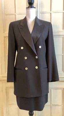 Austin Reed London años 80-2 piezas Traje Marrón-Lana-Satén Solapa-Falda Recta-Talla 6 Foto 1 de 4