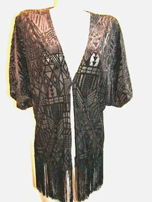 Cárdigan VELVET THORN Negro BOHO Burnout y Terciopelo Frente Abierto, Talla Mediana, Flecos Foto 1 de 4